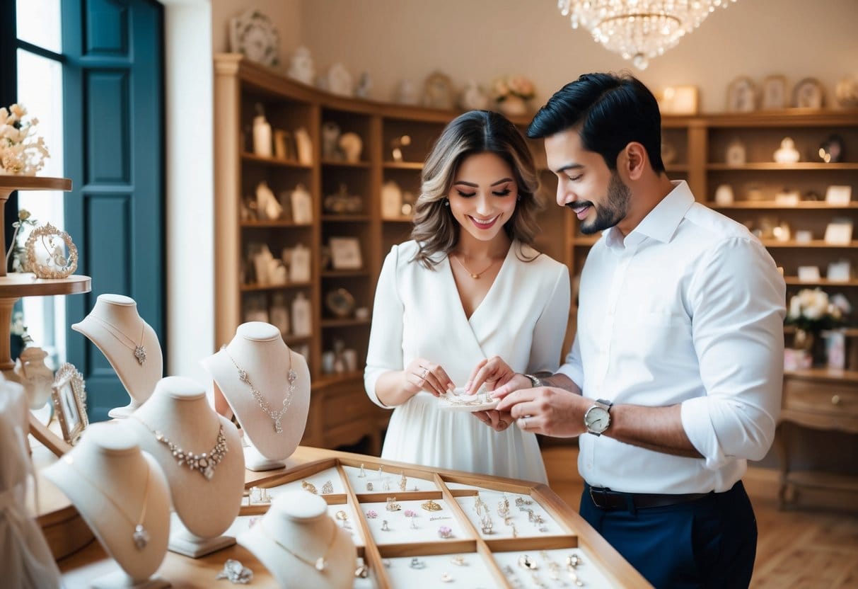 Et par der kigger gennem en hyggelig butik undersøger fint smykker og elegante småting på udkig efter en romantisk gave inden for deres budget til deres jubilæum
