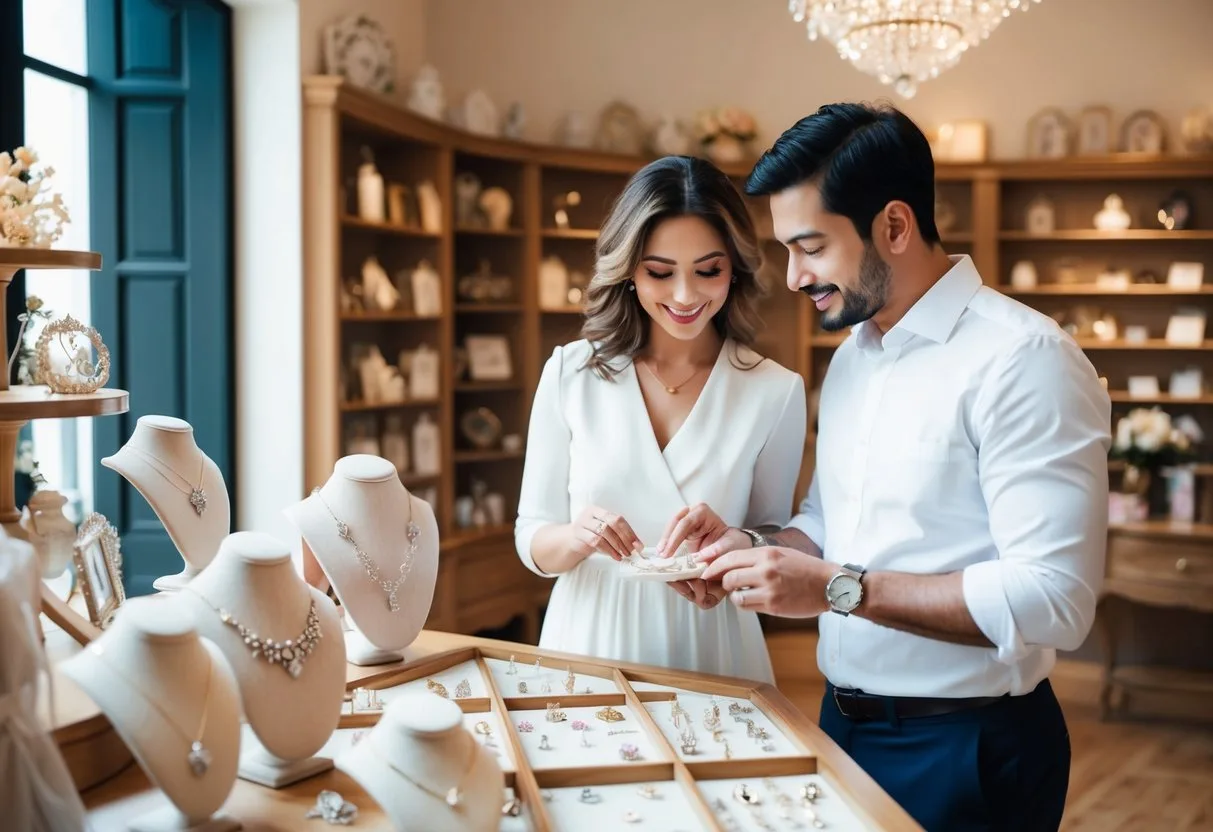 Et par der kigger gennem en hyggelig butik undersøger fint smykker og elegante småting på udkig efter en romantisk gave inden for deres budget til deres jubilæum